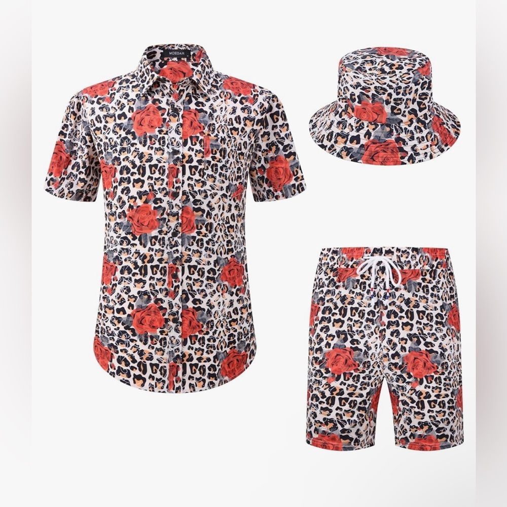 MCEDAR Men's Hawaiian Shirt and Short 2-Piece Holiday Outfits Sets